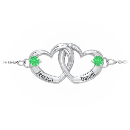 Interlocking Heart Promise Bracelet with Two Stones – Sterling Silver with Emerald