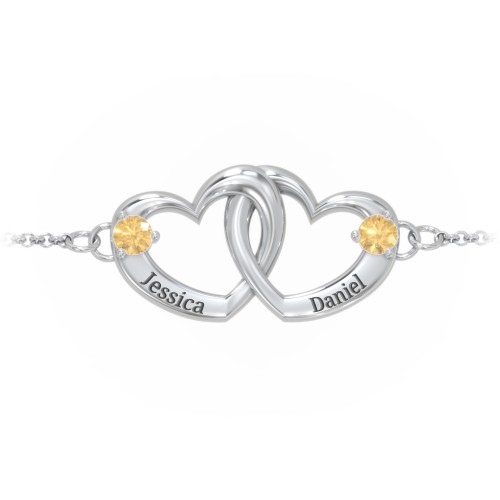 Interlocking Heart Promise Bracelet with Two Stones – Sterling Silver with Citrine