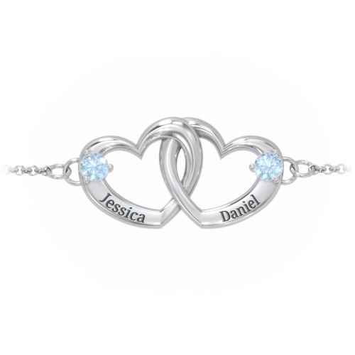 Interlocking Heart Promise Bracelet with Two Stones – Sterling Silver with Blue Topaz