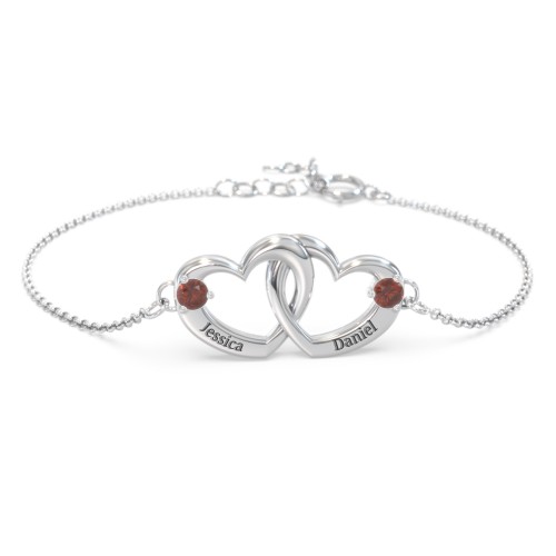 Interlocking Heart Promise Bracelet with Two Stones – Sterling Silver with Garnet