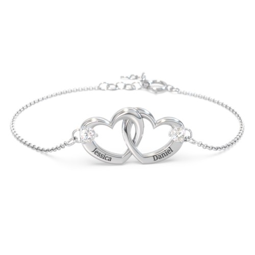 Interlocking Heart Promise Bracelet with Two Stones – Sterling Silver with Cubic Zirconia