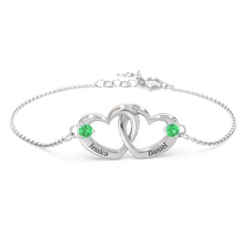 Interlocking Heart Promise Bracelet with Two Stones – Sterling Silver with Emerald