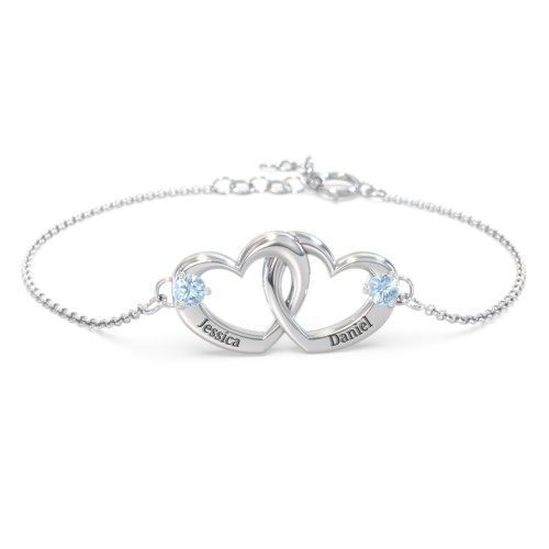 Interlocking Heart Promise Bracelet with Two Stones – Sterling Silver with Blue Topaz
