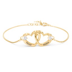 Interlocking Heart Promise Bracelet with Two Stones in 10K Solid Yellow Gold with Cubic Zirconia