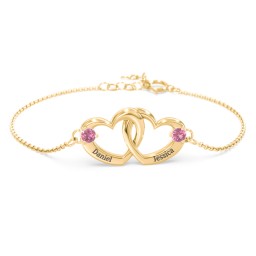 Interlocking Heart Promise Bracelet with Two Stones in 10K Solid Yellow Gold with Pink Tourmaline