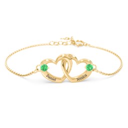 Interlocking Heart Promise Bracelet with Two Stones in 10K Solid Yellow Gold with Emerald