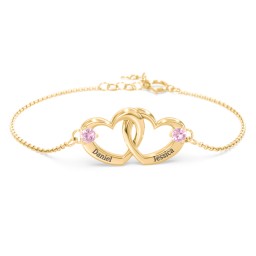 Interlocking Heart Promise Bracelet with Two Stones in 10K Solid Yellow Gold with Pink Tourmaline