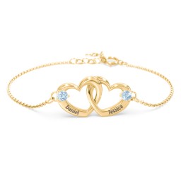 Interlocking Heart Promise Bracelet with Two Stones in 10K Solid Yellow Gold with Blue Topaz