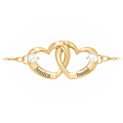 Interlocking Heart Promise Bracelet with Two Stones – 10K Yellow Gold with Cubic Zirconia