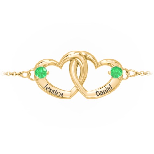 Interlocking Heart Promise Bracelet with Two Stones – 10K Yellow Gold with Emerald