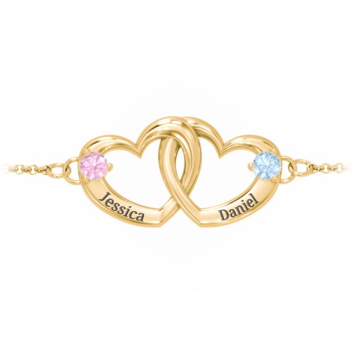 Interlocking Heart Promise Bracelet with Two Stones – 10K Yellow Gold with Pink Tourmaline and Blue Topaz