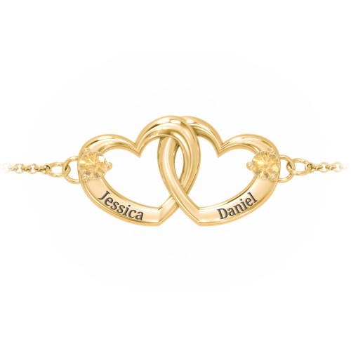 Interlocking Heart Promise Bracelet with Two Stones – 10K Yellow Gold with Citrine