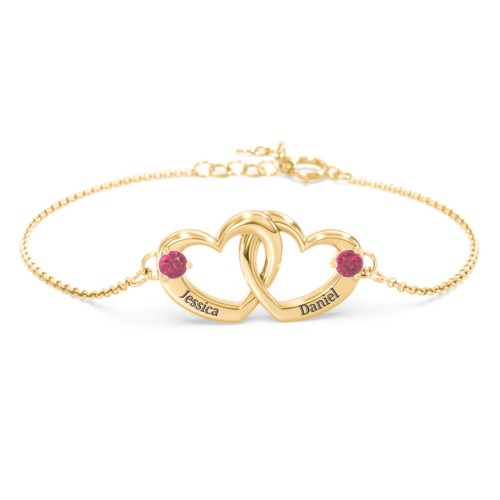 Interlocking Heart Promise Bracelet with Two Stones – 10K Yellow Gold with Ruby