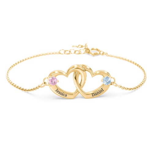 Interlocking Heart Promise Bracelet with Two Stones – 10K Yellow Gold with Pink Tourmaline and Blue Topaz