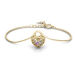 True Love's Lock Caged Bracelet in 10K Solid Yellow Gold with Amethyst and Cubic Zirconia