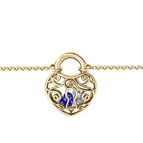 True Love's Lock Caged Bracelet – 10K Yellow Gold with Blue Sapphire and Cubic Zirconia