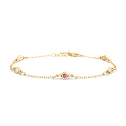 Diamond Shape Charm Bracelet with Gemstones in 10K Solid Yellow Gold with Amethyst, Cubic Zirconia, Ruby, Emerald, and Blue Sapphire