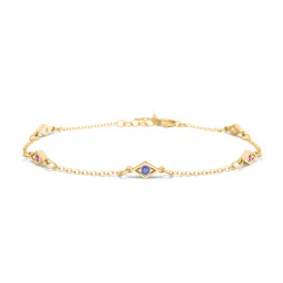 Diamond Shape Charm Bracelet with Gemstones in 18K Gold Plated Silver with Blue Sapphire and Garnet