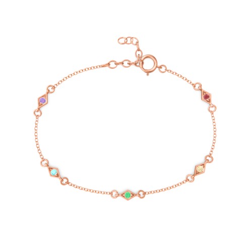 Diamond Shape Charm Bracelet with Gemstones – 10K Rose Gold with Amethyst, Mint Premium Zirconia, Emerald, Citrine, and Garnet