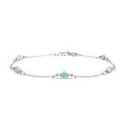 Diamond Shape Charm Bracelet with Gemstones in 925 Sterling Silver with Emerald