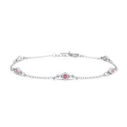 Diamond Shape Charm Bracelet with Gemstones in 925 Sterling Silver with Ruby
