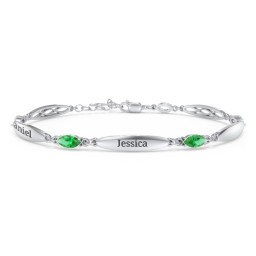 Engravable Family Bracelet with Marquise Birthstones (1-5 Stones) in 925 Sterling Silver with Emerald, Peridot, and Citrine