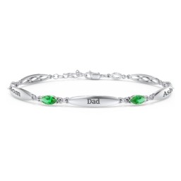 Engravable Family Bracelet with Marquise Birthstones (1-5 Stones) in 925 Sterling Silver with Emerald, Peridot, and Citrine