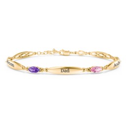 Engravable Family Bracelet with Marquise Birthstones (1-5 Stones) in 10K Solid Yellow Gold with Amethyst, Pink Tourmaline, Aquamarine, Peridot, and Citrine