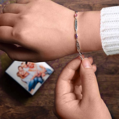 Engravable Family Bracelet with Marquise Birthstones (1-5 Stones) – 10K Yellow Gold with Amethyst, Pink Tourmaline, and Aquamarine