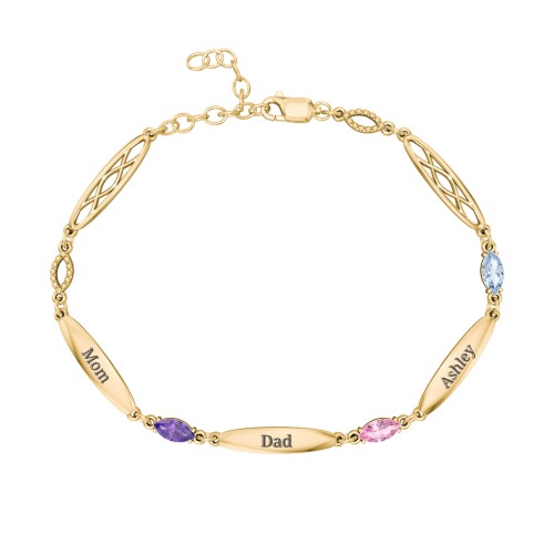 Engravable Family Bracelet with Marquise Birthstones (1-5 Stones) – 10K Yellow Gold with Amethyst, Pink Tourmaline, and Aquamarine
