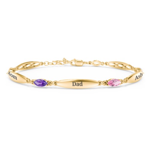 Engravable Family Bracelet with Marquise Birthstones (1-5 Stones) – 10K Yellow Gold with Amethyst, Pink Tourmaline, and Aquamarine