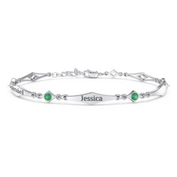 Engravable Modern Family Bracelet with Round Birthstones (1-5 Stones) in 925 Sterling Silver with Emerald, Garnet, and Blue Topaz