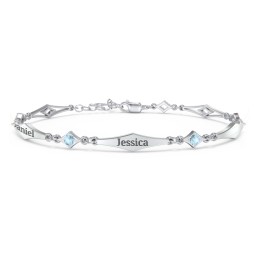 Engravable Modern Family Bracelet with Round Birthstones (1-5 Stones) in 925 Sterling Silver with Blue Topaz and Garnet