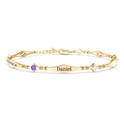 Engravable Modern Family Bracelet with Round Birthstones (1-5 Stones) in 10K Solid Yellow Gold with Amethyst, Cubic Zirconia, Ruby, Garnet, and Blue Topaz
