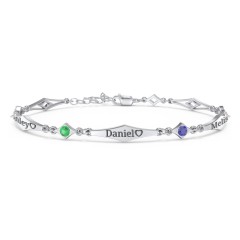 Engravable Modern Family Bracelet with Round Birthstones (1-5 Stones) – Sterling Silver with Emerald, Blue Sapphire, and Pink Tourmaline