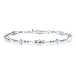 Engravable Modern Family Bracelet with Round Birthstones (1-5 Stones) in 925 Sterling Silver with Aquamarine, Garnet, and Blue Topaz