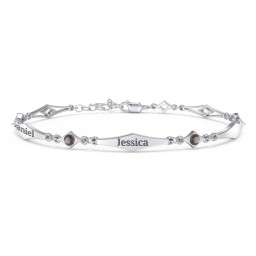 Engravable Modern Family Bracelet with Round Birthstones (1-5 Stones) in 925 Sterling Silver with Smokey Quartz, Garnet, and Blue Topaz
