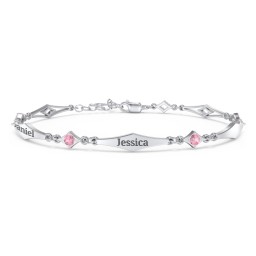 Engravable Modern Family Bracelet with Round Birthstones (1-5 Stones) in 925 Sterling Silver with Pink Tourmaline, Garnet, and Blue Topaz