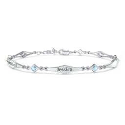 Engravable Modern Family Bracelet with Round Birthstones (1-5 Stones) in 925 Sterling Silver with Blue Topaz and Garnet