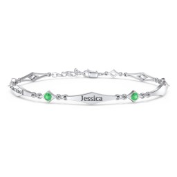 Engravable Modern Family Bracelet with Round Birthstones (1-5 Stones) in 925 Sterling Silver with Emerald, Garnet, and Blue Topaz