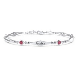 Engravable Modern Family Bracelet with Round Birthstones (1-5 Stones) in 925 Sterling Silver with Ruby, Garnet, and Blue Topaz