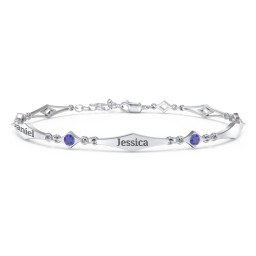 Engravable Modern Family Bracelet with Round Birthstones (1-5 Stones) in 925 Sterling Silver with Blue Sapphire, Garnet, and Blue Topaz
