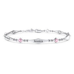 Engravable Modern Family Bracelet with Round Birthstones (1-5 Stones) in 925 Sterling Silver with Pink Tourmaline, Garnet, and Blue Topaz