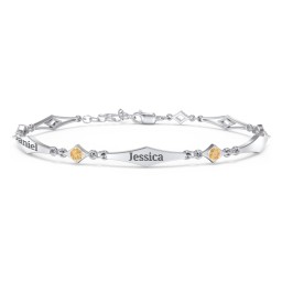 Engravable Modern Family Bracelet with Round Birthstones (1-5 Stones) in 925 Sterling Silver with Citrine, Garnet, and Blue Topaz