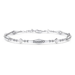 Engravable Modern Family Bracelet with Round Birthstones (1-5 Stones) in 925 Sterling Silver with Diamond, Garnet, and Blue Topaz