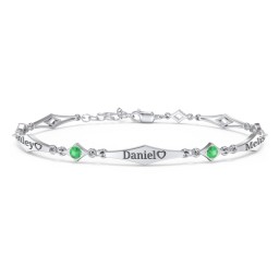 Engravable Modern Family Bracelet with Round Birthstones (1-5 Stones) in 925 Sterling Silver with Emerald, Garnet, and Blue Topaz