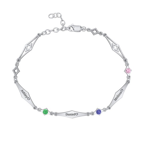 Engravable Modern Family Bracelet with Round Birthstones (1-5 Stones) – Sterling Silver with Emerald, Blue Sapphire, and Pink Tourmaline