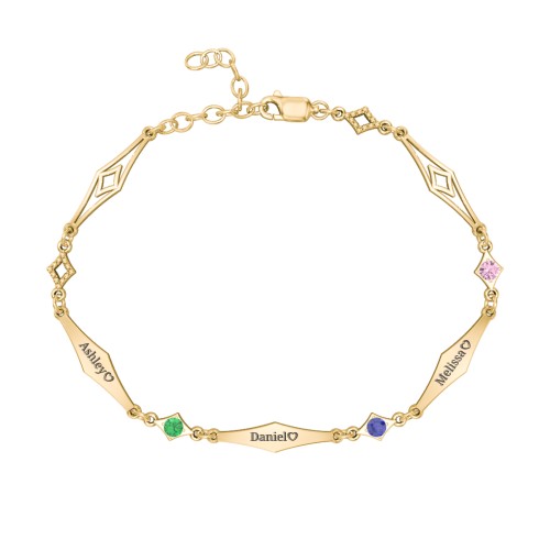 Engravable Modern Family Bracelet with Round Birthstones (1-5 Stones) – 10K Yellow Gold with Emerald, Blue Sapphire, and Pink Tourmaline