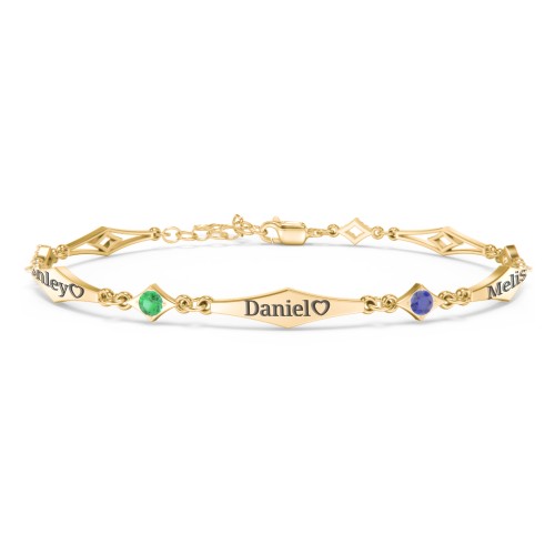 Engravable Modern Family Bracelet with Round Birthstones (1-5 Stones) – 10K Yellow Gold with Emerald, Blue Sapphire, and Pink Tourmaline