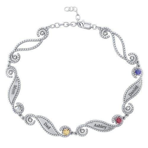 Engravable Beaded Family Bracelet with Round Birthstones (1-6 Stones)